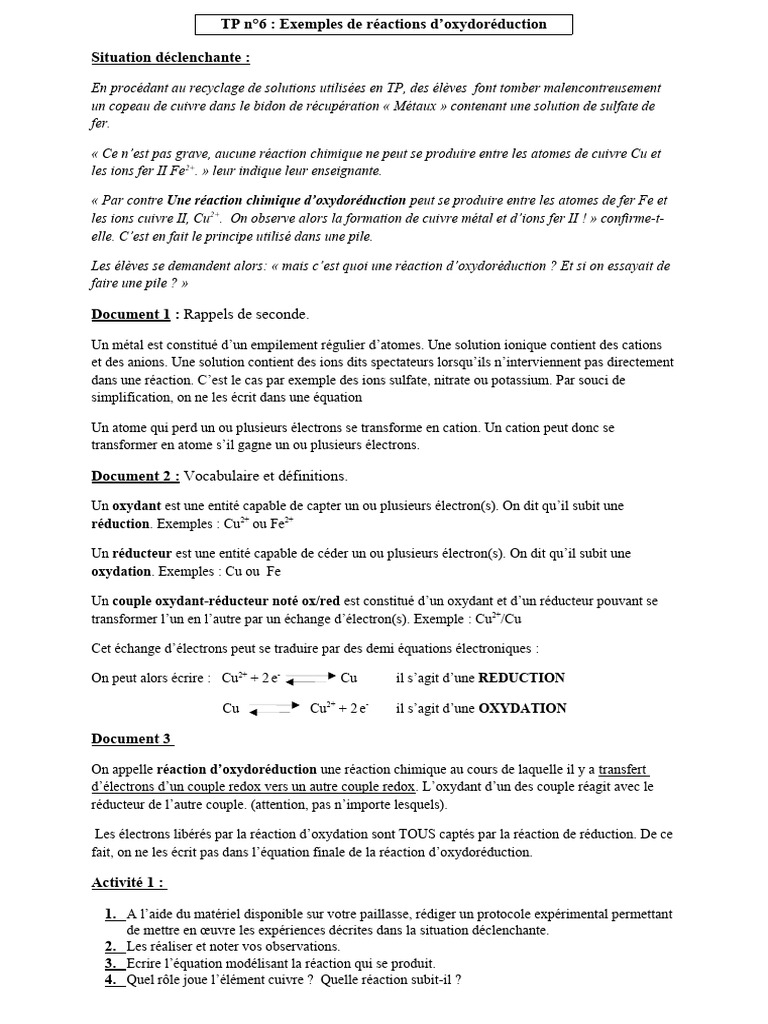 Réactions d'oxydoréduction en TP | PDF | Technologie et ingénierie