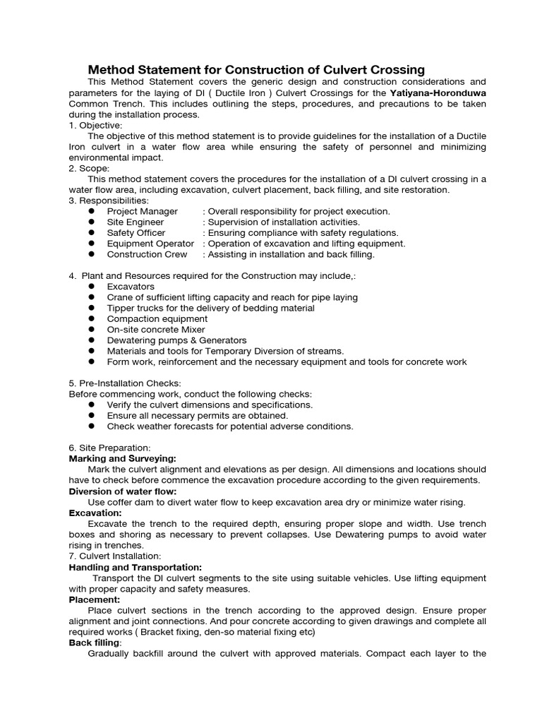 Culvert Crossing Construction Method Statement | PDF | Concrete | Earth ...