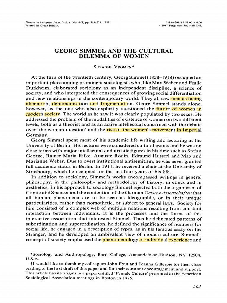 Georg Simmel and The Cultural Dilemma of | PDF | Sociology | Gender