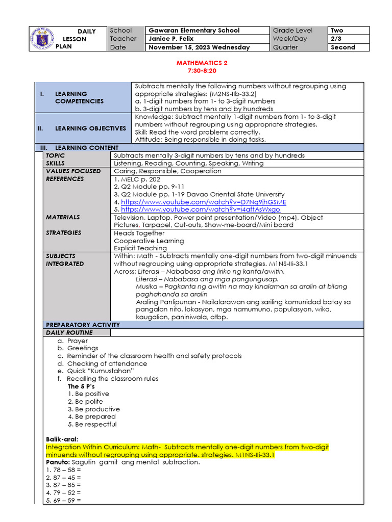 Mental Subtraction Lesson Plan | PDF | Subtraction | Learning