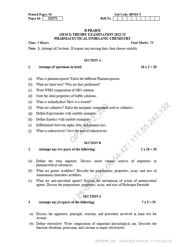 B Pharm 1st Sem Inorganic Chemistry Exam | PDF | Electrolyte | Chemical ...