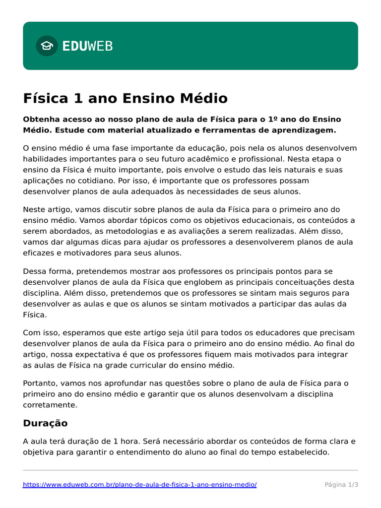 Plano de Aula de Fisica 1 Ano Ensino Medio | PDF | Lição | Física