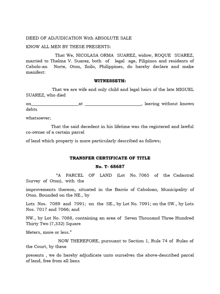 DEED OF ADJUDICATION With ABSOLUTE SALE | PDF | Justice | Crime & Violence