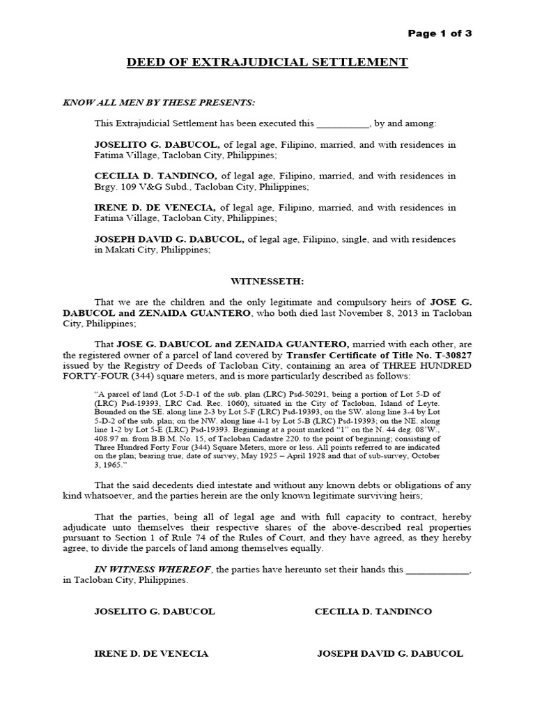 Extra Judicial Settlement Heirs of Dabucol | PDF | Civil Law (Legal ...
