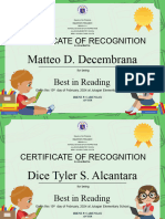 Kids Best Reader School Award Certificate