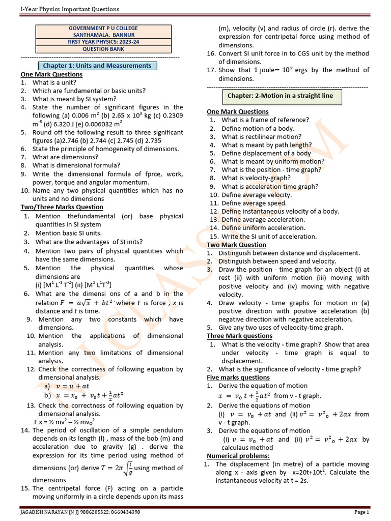 First Year Physics Question Bank | PDF | Torque | Force