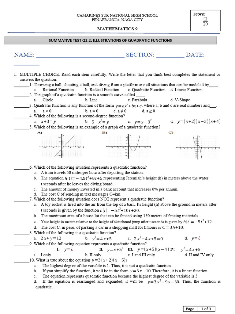 ST 2.2 Illustrations of Quadratic Function 1 | PDF | Function ...