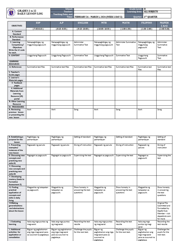 Daily Lesson Log for Grades 1-12 | PDF | Cognitive Science | Human ...