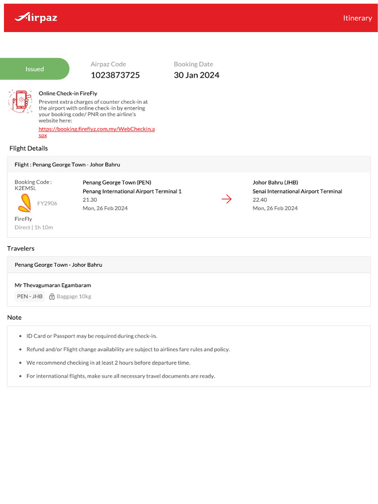 Airpaz Flight Itinerary 1023873725-1 | PDF