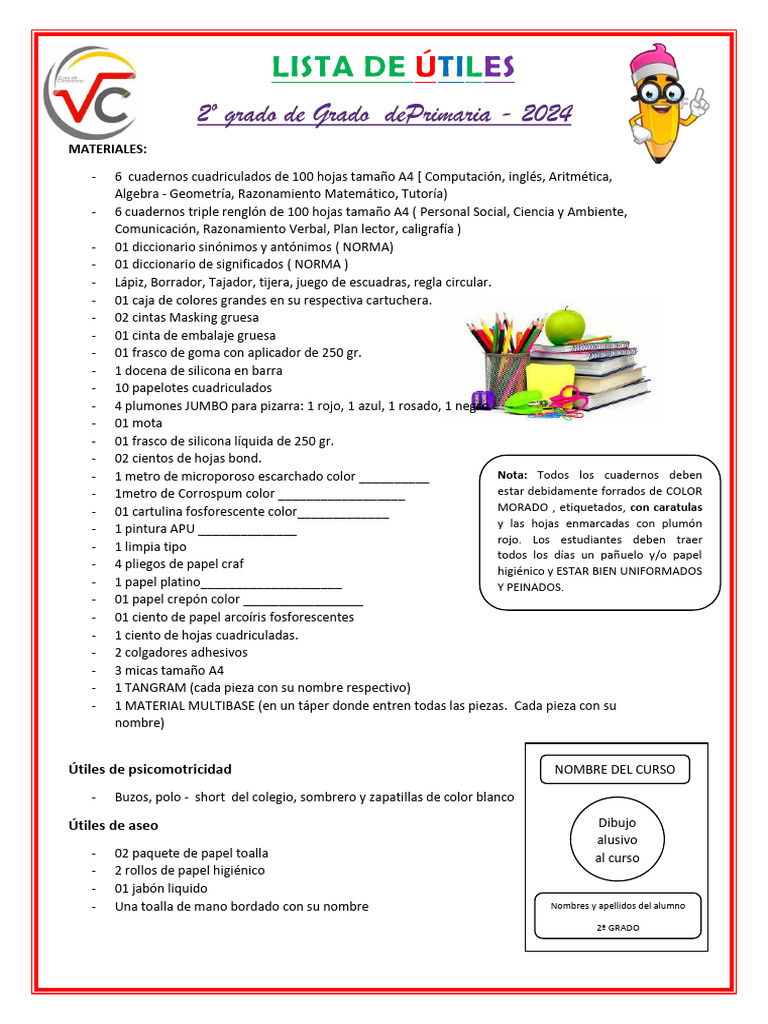 Lista de útiles para 2° grado escolar | PDF | Papelería | Tecnicas ...