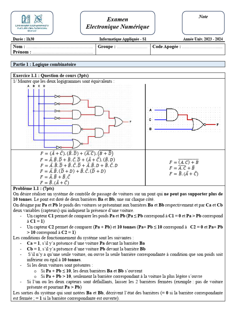 Examen Logique Combinatoire S1 2023-2024 | PDF | Logique mathématique ...