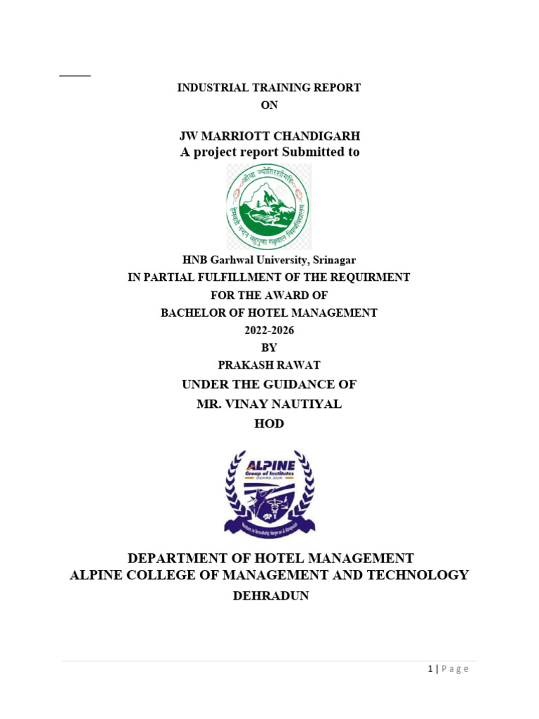 JW Marriott Chandigarh Training Report | PDF | Housekeeping | Restaurants