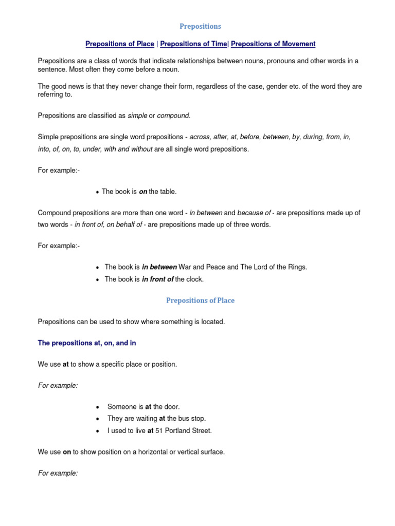 Prepositions Time Place Mov Pdf Preposition And Postposition Word