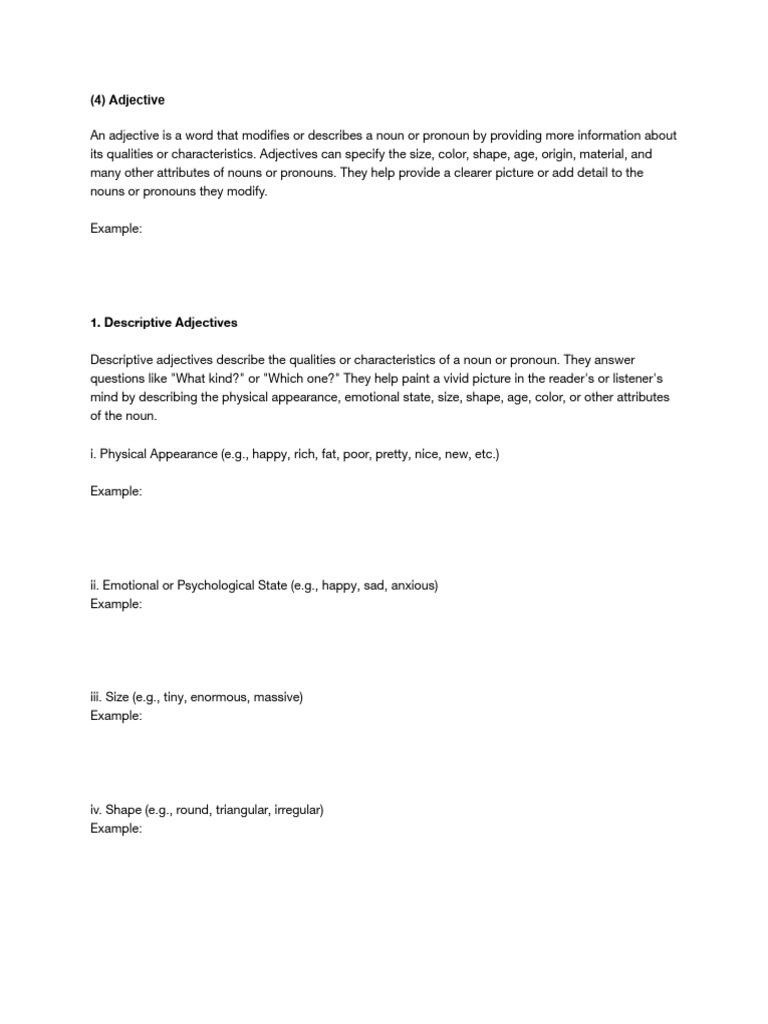 Understanding Adjectives and Their Types | PDF | Noun | Adjective
