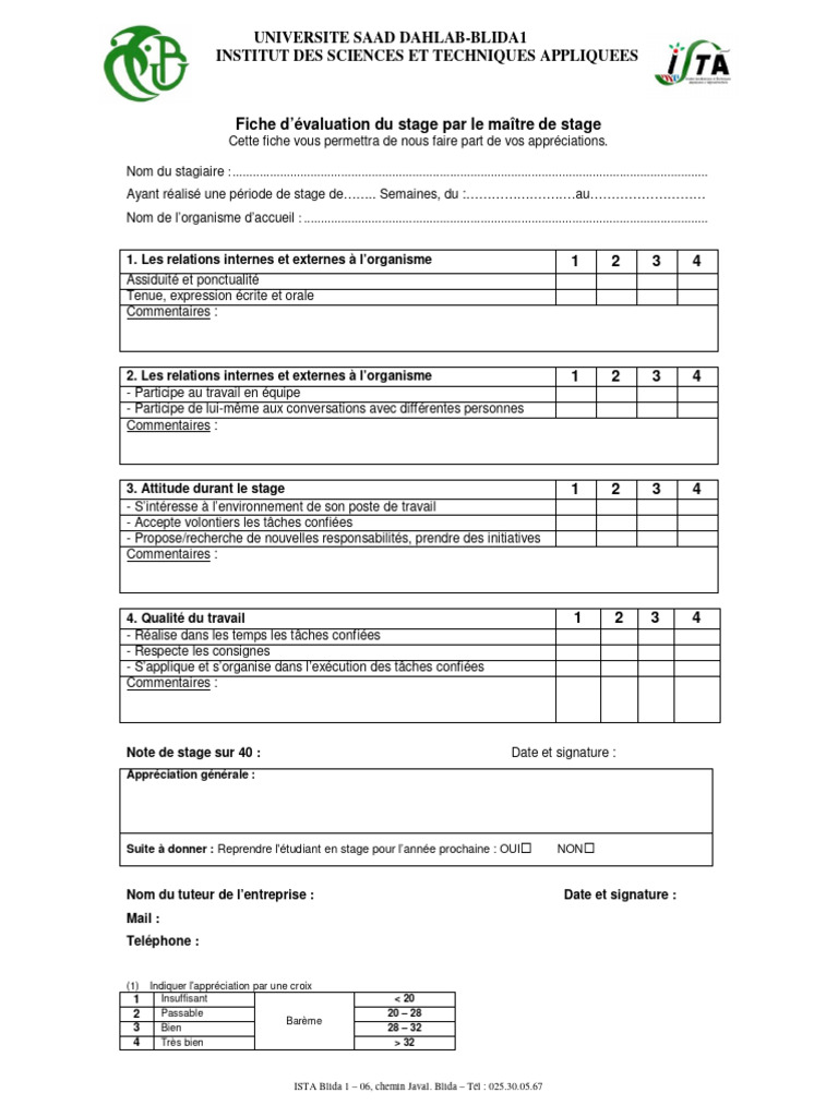 Fiche d'évaluation de stage par le tuteur | PDF