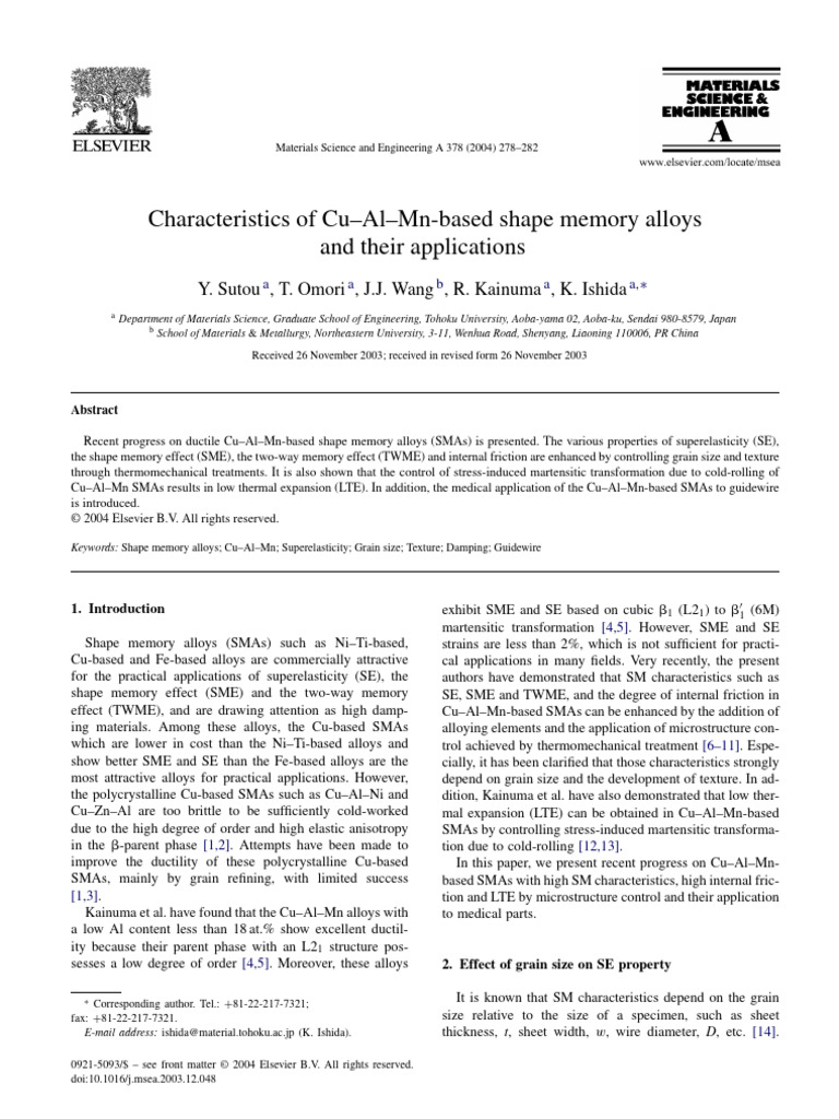 Characteristics of Cu-Al-Mn-based Shape Memory Alloys | PDF | Shape ...