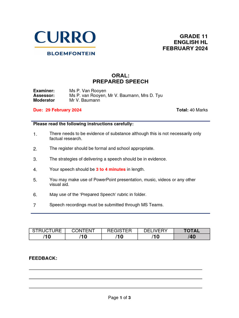 Grade 11 Prepared Speech Guidelines | PDF | Human Communication