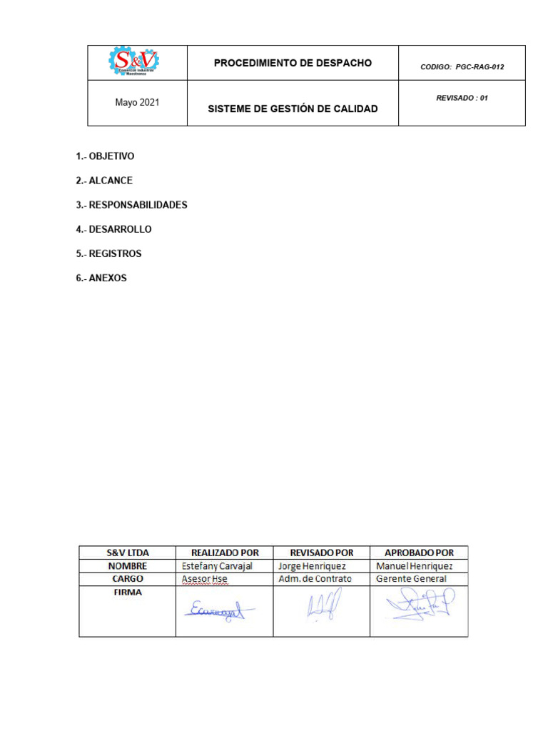 Despacho Pdf Sistema De Manejo De Calidad Informática