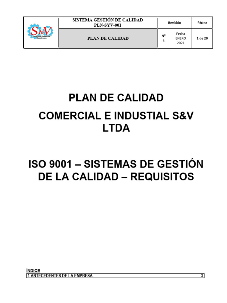 Plan de Calidad ISO 9001 S&V Ltda. | PDF | Sistema de manejo de calidad ...