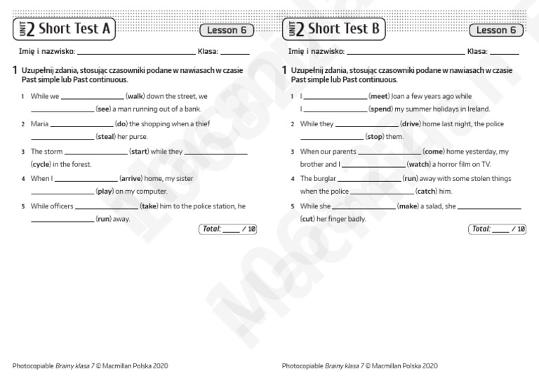 Brainy 7 Unit 2 Short Test A & B | PDF