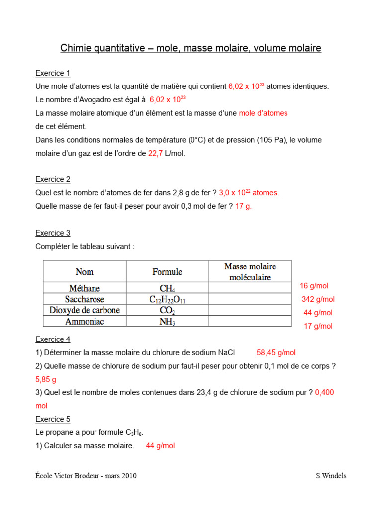 Masse molaire et calculs en chimie | PDF | Concentration molaire ...