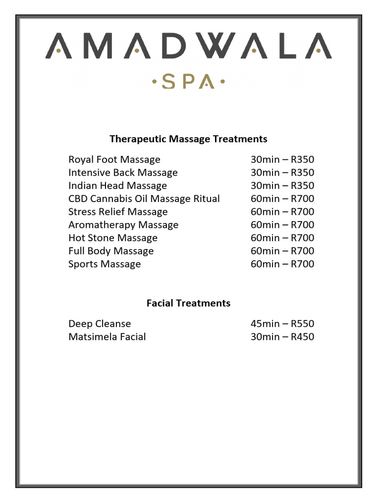 Amadwala Spa Price List 2023 | PDF