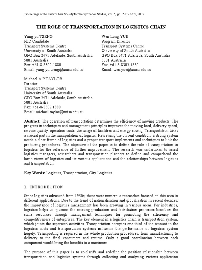 The Role of Transportation in Logistics Chain | PDF | Logistics ...