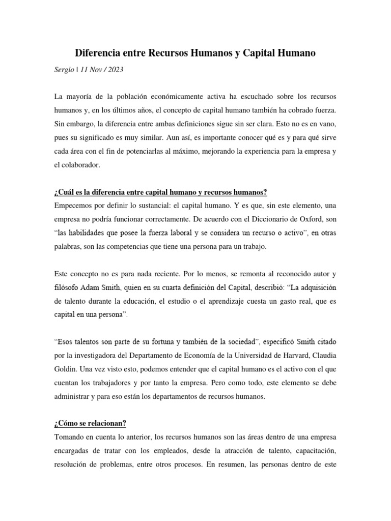Diferencia Entre Recursos Humanos y Capital Humano | PDF | Gestión de