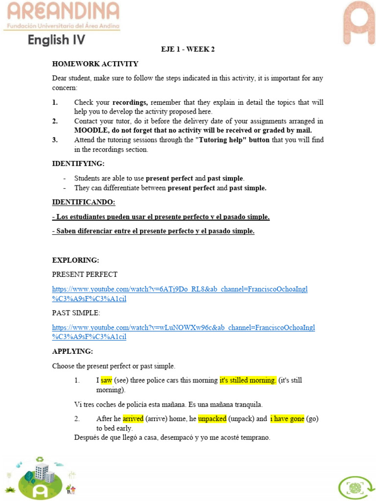 Present Perfect vs Past Simple Homework | PDF