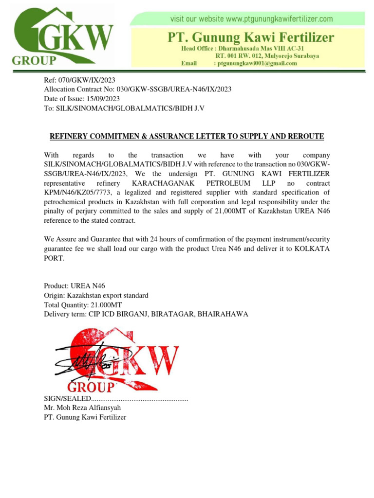 Urea N46 Supply Commitment by PT Gunung Kawi | PDF | Technology ...