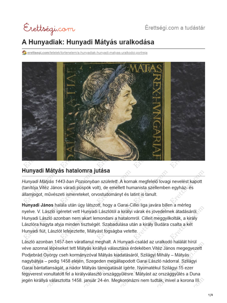 A Hunyadiak Hunyadi Mátyás Uralkodása | PDF
