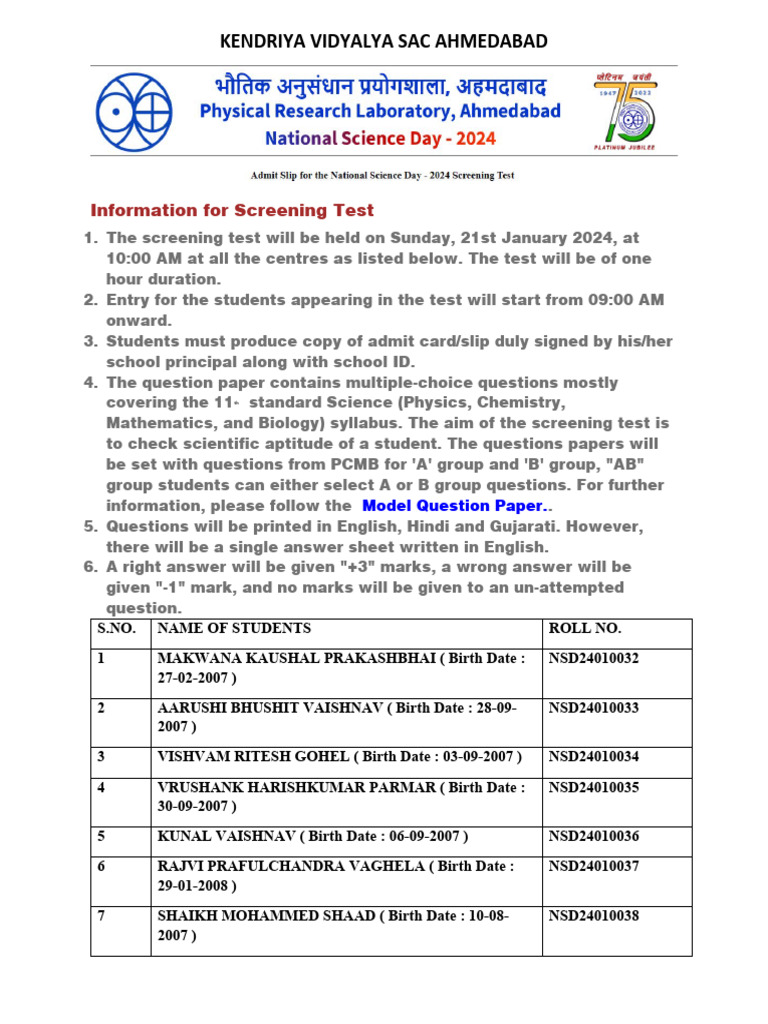 Kendriya Vidyalya Sac Ahmedabad PRL Exam PDF Kendriya Vidyalya Sac Ahmedabad PRL Exam PDF