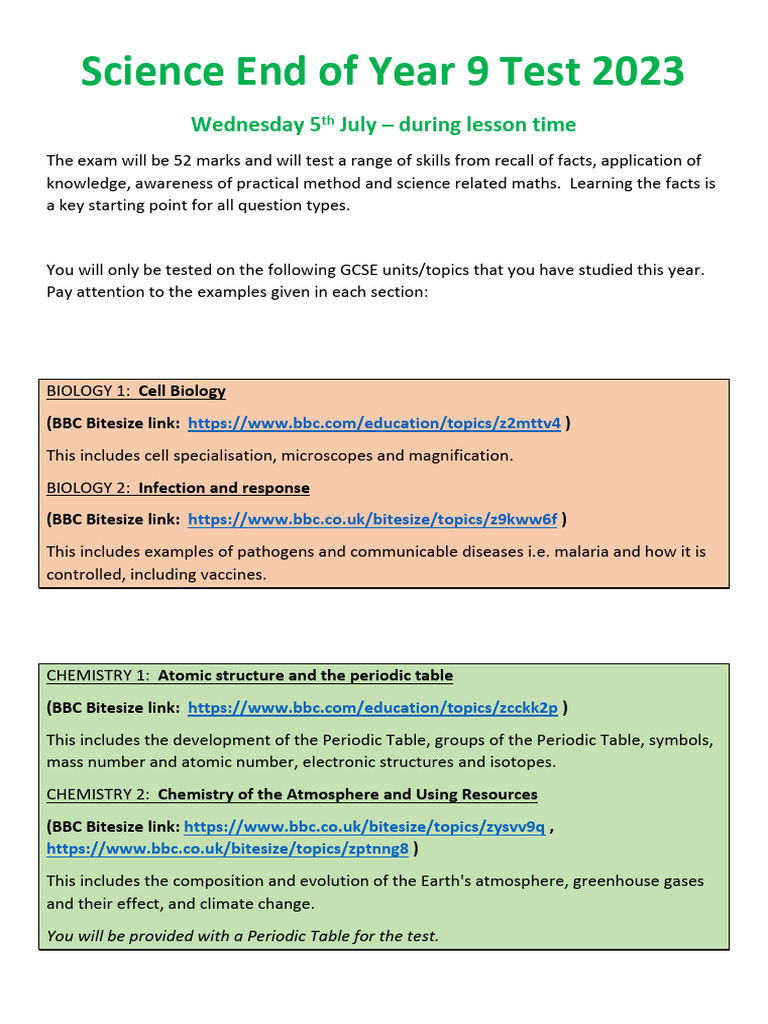 Y9 science end of year exam support sheet 2023 pdf observational