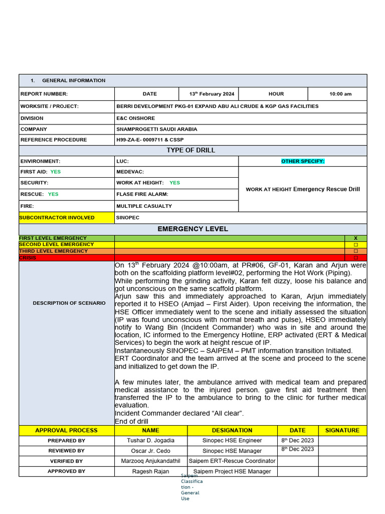 Work at Height Rescue Drill Report | PDF | First Aid | Safety