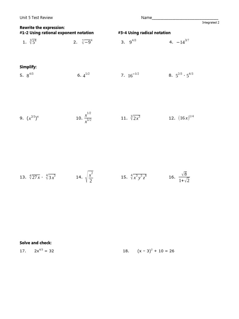 Unit exponents radicals test review pdf function mathematics