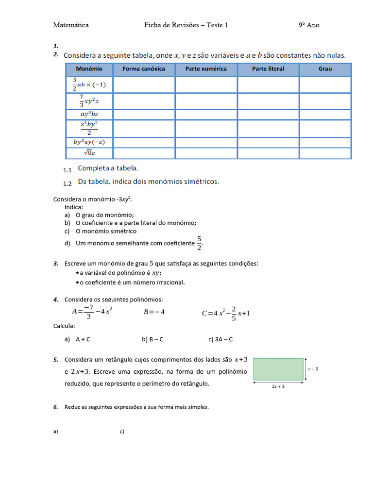 Revisão de Matemática 9º Ano: Teste 1 | PDF | Matemática
