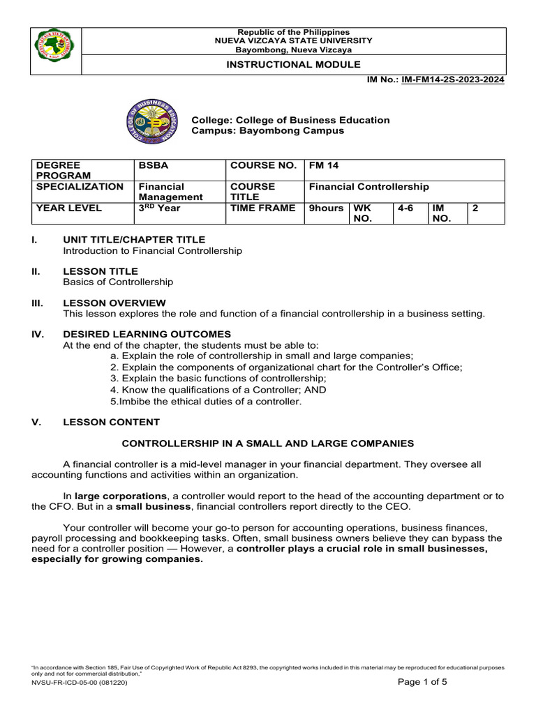 FM14 Chap2 Basics of Controllership | PDF