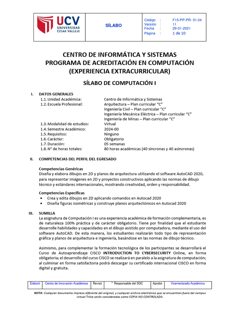 Silabo Autocad Ci - Arq-Civ-Mec-Minas - 2024-00 | PDF | Cad automático ...