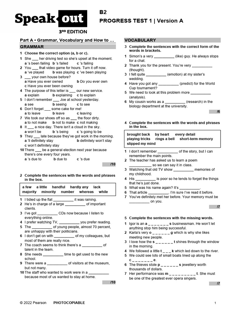 So3 B2 Progress Test 1a Pdf Memory