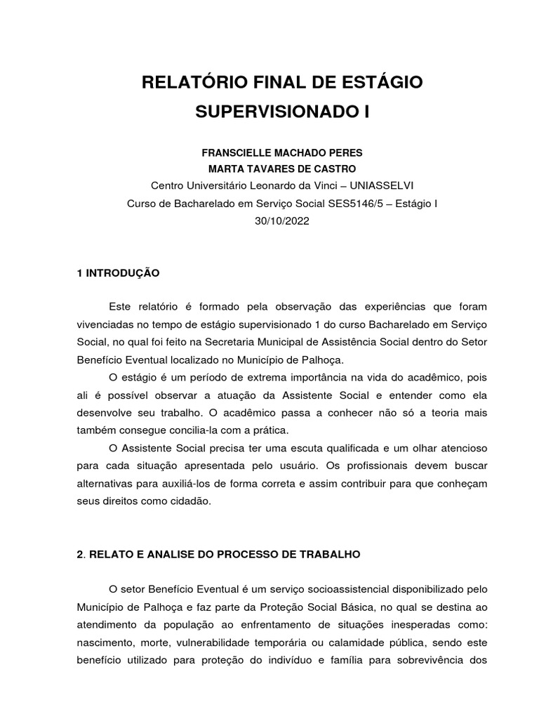 Relatório de Estágio Supervisionado 1 | PDF | Trabalho social | Sociologia