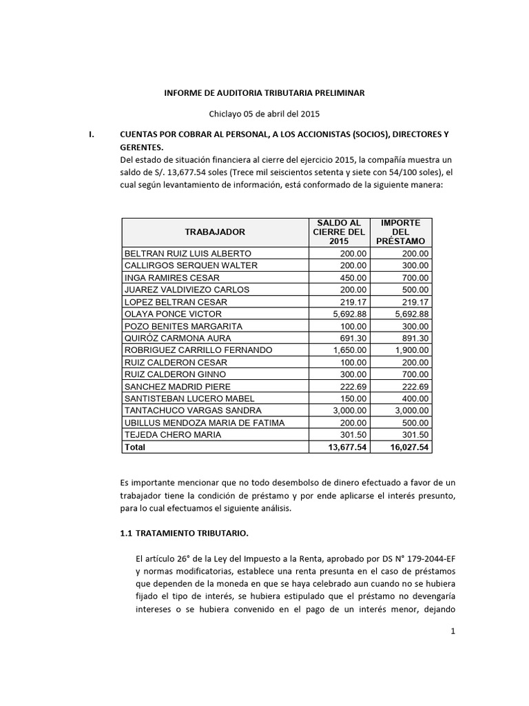 Informe Preliminar De Auditoria Tributaria Del Ejercicio 2015 Pdf