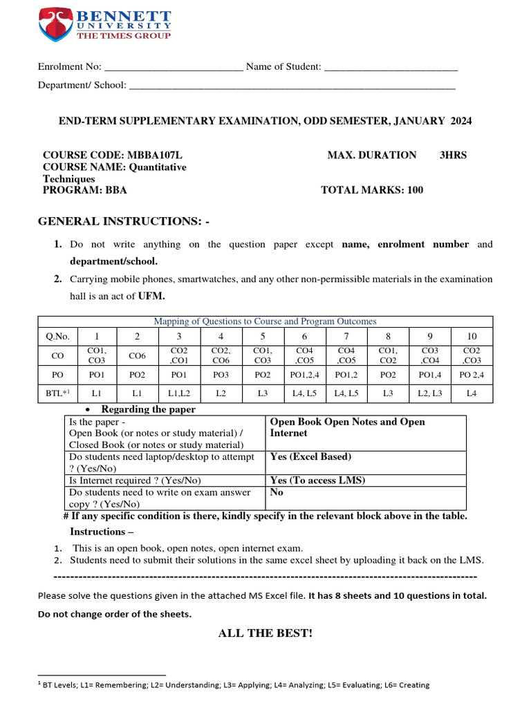 BBA Quantitative Techniques Exam 2024 | PDF | Computing
