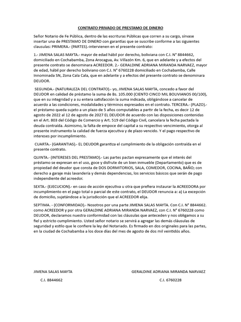 Contrato Privado de Prestamo de Dinero Jimena Salas Mayta | PDF ...