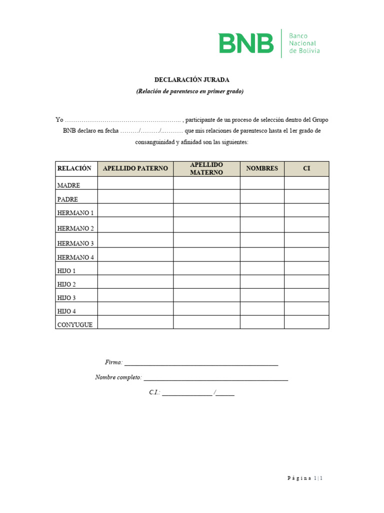 DECLARACIÓN JURADA Relación de Parentesco | PDF