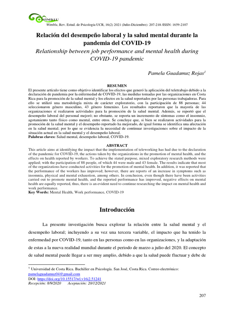 Desempeño Laboral y Salud Mental en COVID-19 | PDF | Salud mental