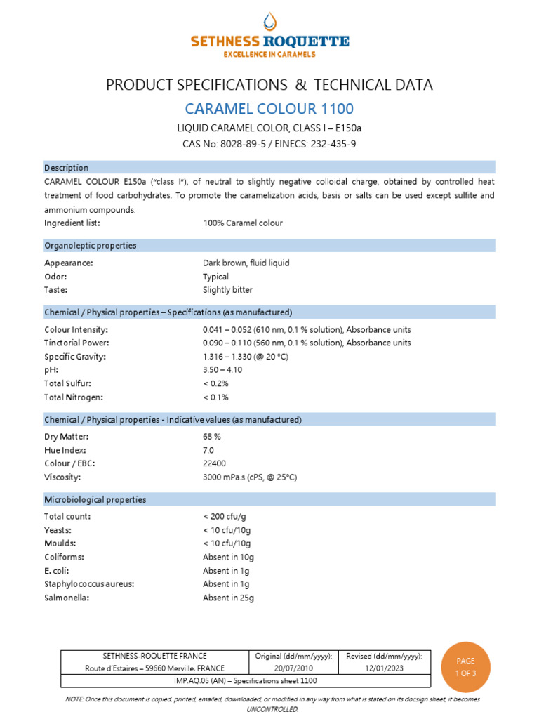 Caramel Color E150a Specifications | PDF | Molecules | Atoms