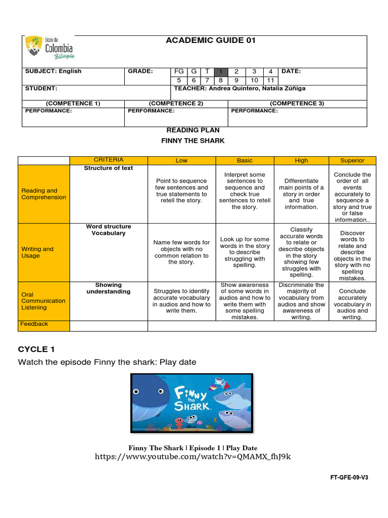 Reading+plan+1 +finny+the+shark | PDF | Vocabulary | Learning