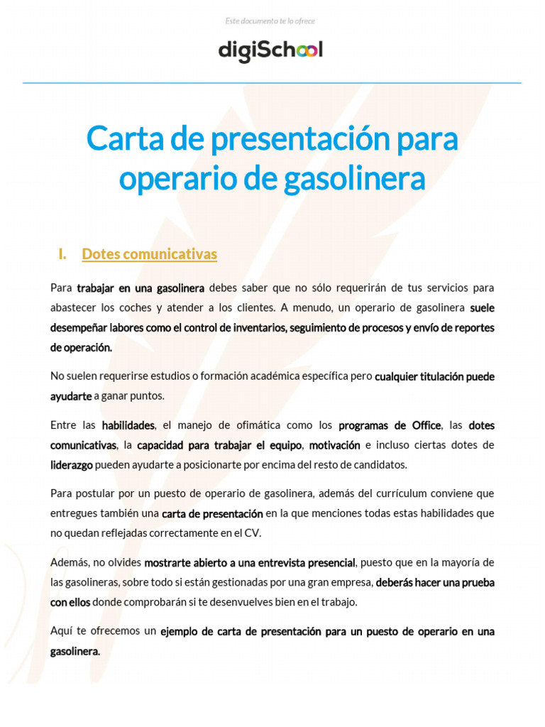 Carta de Presentación para Operario de Gasolinera: I. Dotes