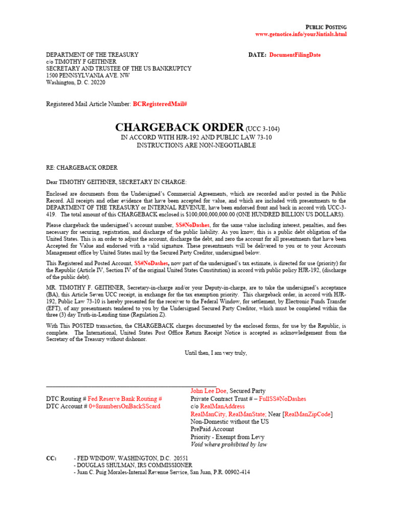 UCC Chargeback Order to Treasury | PDF | Government Debt | Timothy Geithner