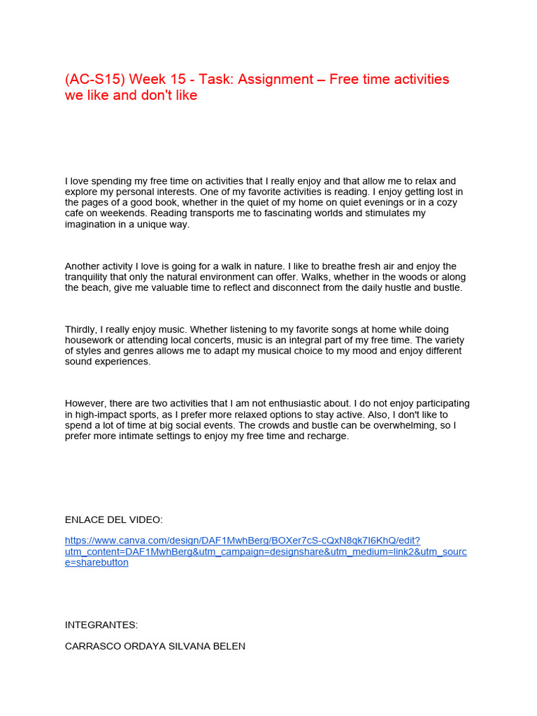 Ac S15 Week 15 Task Assignment Free Time Activities We Like And